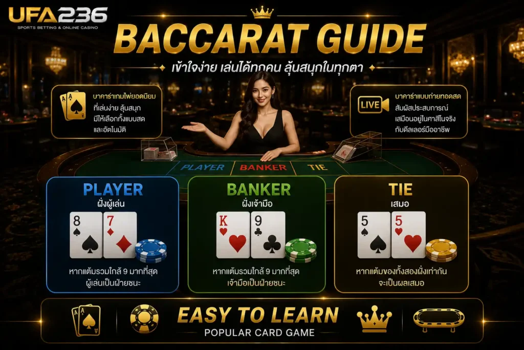 บาคาร่าออนไลน์ UFA236 อธิบายรูปแบบการเดิมพัน Player Banker Tie และบาคาร่าแบบถ่ายทอดสด