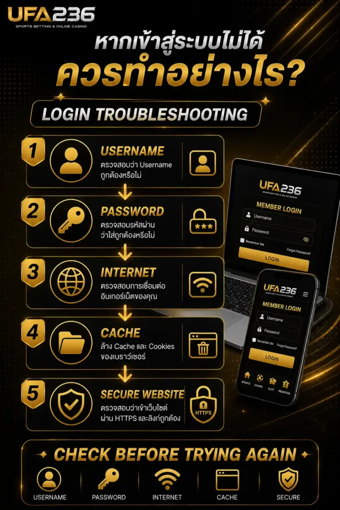 แนวทางตรวจสอบเมื่อเข้าสู่ระบบ UFA236 ไม่ได้ เช่น Username Password อินเทอร์เน็ต และ Cache